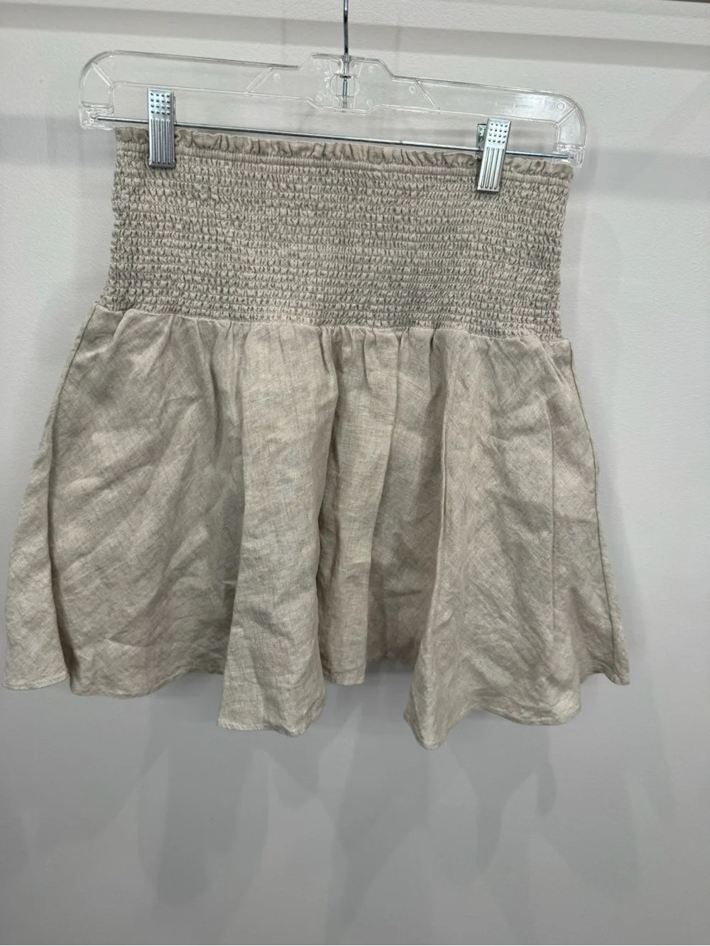 J. Crew Smocked Waist Flared Mini Skirt in Light Taupe